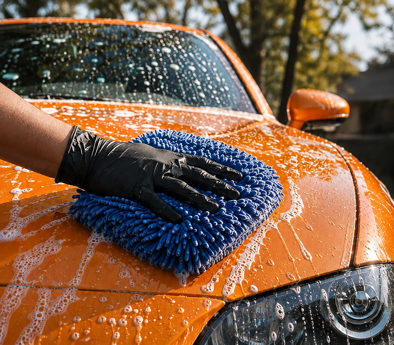 A gloved hand washing an orange coupe with a blue microfiber mitt